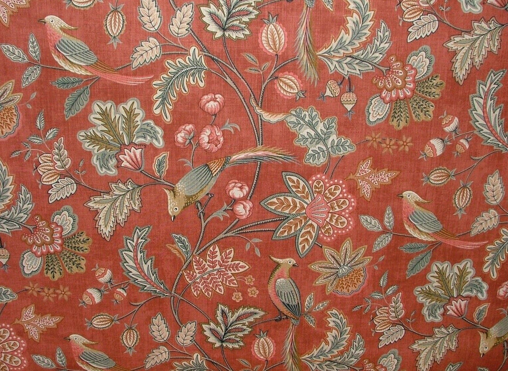 Chanterelle Auburn Ornate Bird Floral Cotton Curtain Upholstery Cushion Fabric