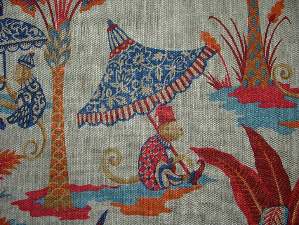 Monkey Parasol Rouge Red French 100% Linen Fabric Curtain Cushion Upholstery