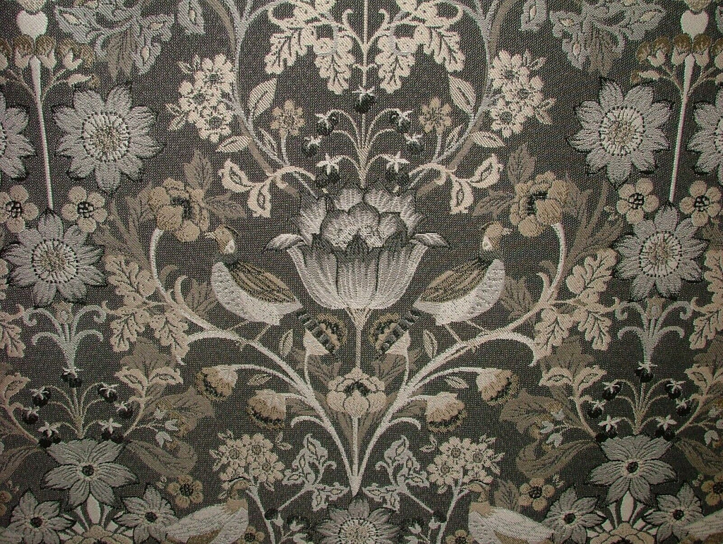 Morris Bird Charcoal Jacquard Fabric Ideal For Curtain Upholstery Cushion Throws