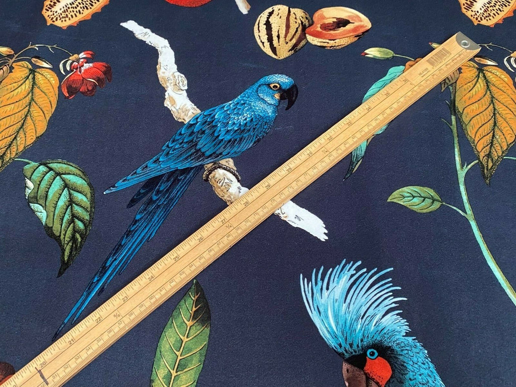 Cockatoo Ink Blue Plush Velvet Parrot Bird Fabric Curtain Upholstery Cushion