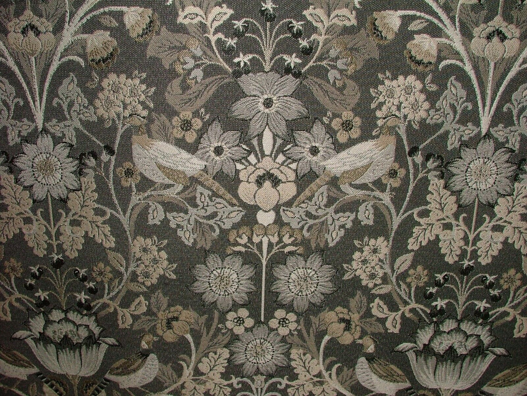 Morris Bird Charcoal Jacquard Fabric Ideal For Curtain Upholstery Cushion Throws