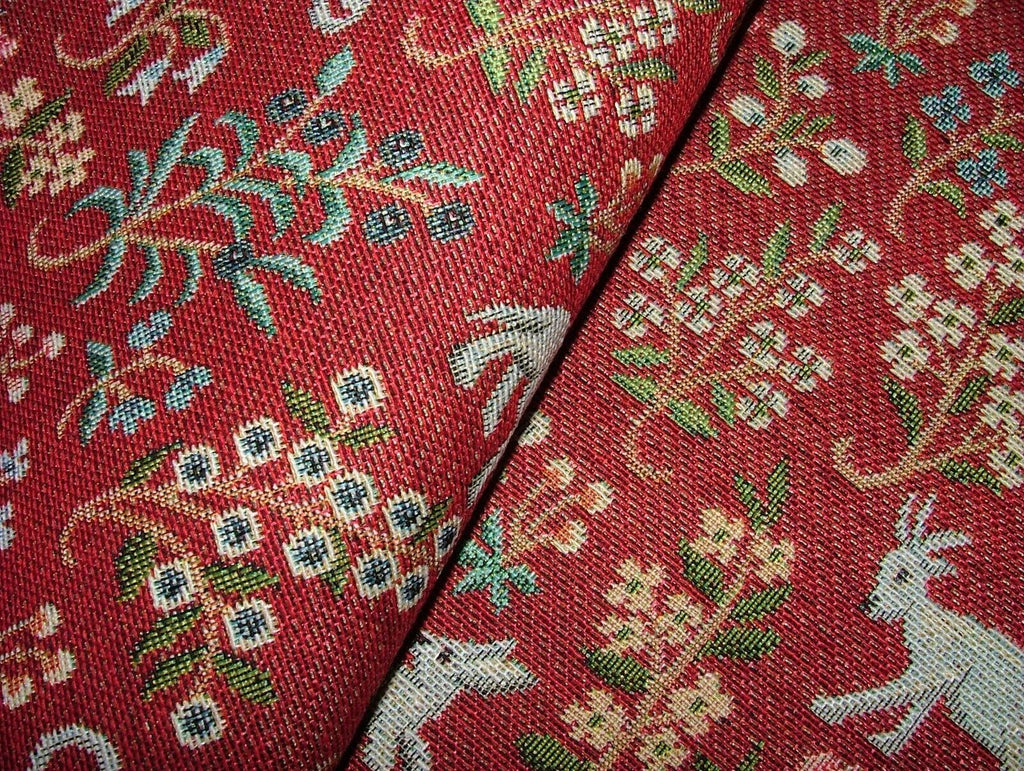 Jacobean Garden Animals Red Tapestry Fabric Curtain Upholstery Cushion Blind Use