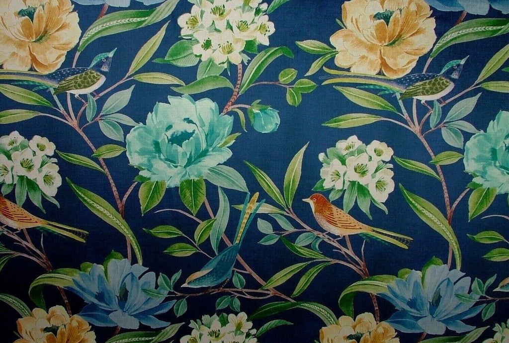 Shangri La Navy Blue Floral Exotic Bird Velvet Fabric Curtain Upholstery Cushion