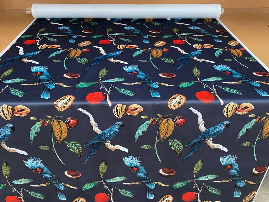 Cockatoo Ink Blue Plush Velvet Parrot Bird Fabric Curtain Upholstery Cushion