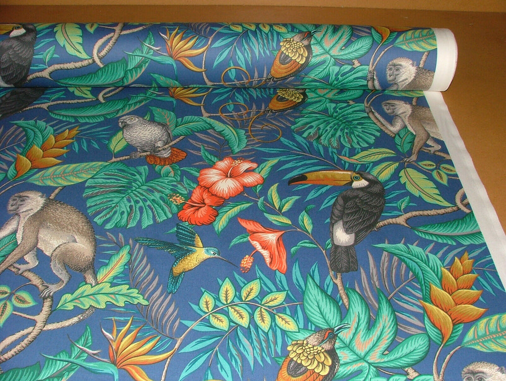 Marine Blue Tropical Birds Monkey Cotton Fabric Curtain Upholstery Blind Cushion