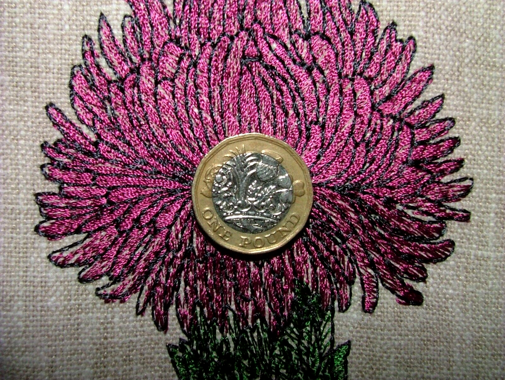 2.5 Metre Embroidered Scottish Thistle Carmine Fabric Curtain Upholstery Cushion