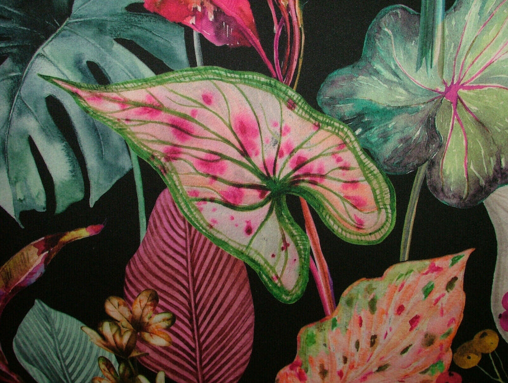 Black Tropical Palms Plants Botanical Velvet Fabric Curtain Upholstery Cushion