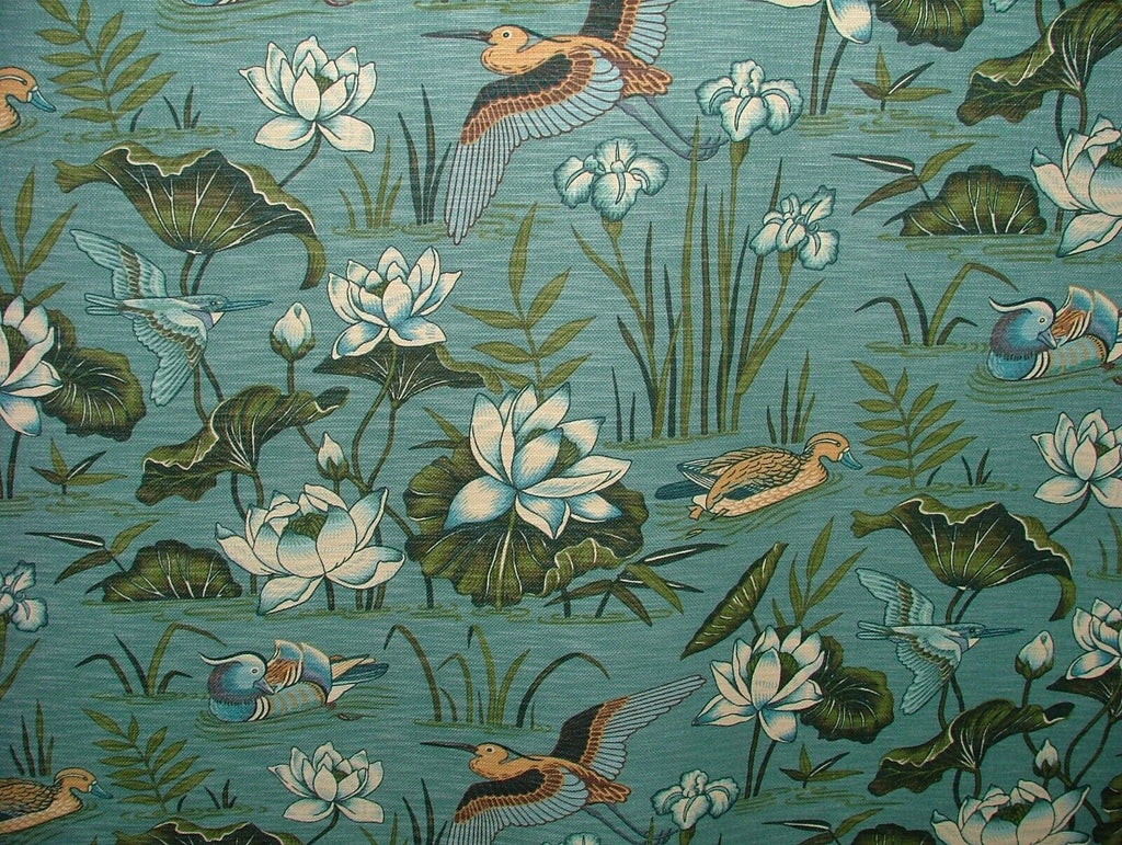 Japanese Water Lily And Birds Blue Linen Blend Curtain Upholstery Cushion Fabric