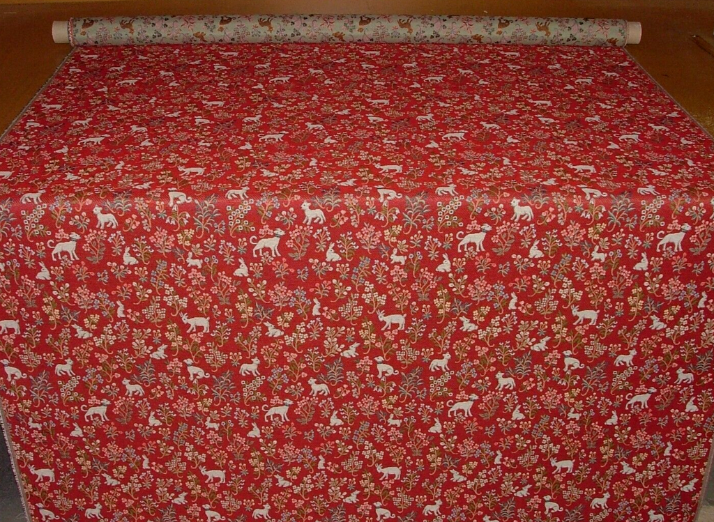 Jacobean Garden Animals Red Tapestry Fabric Curtain Upholstery Cushion Blind Use