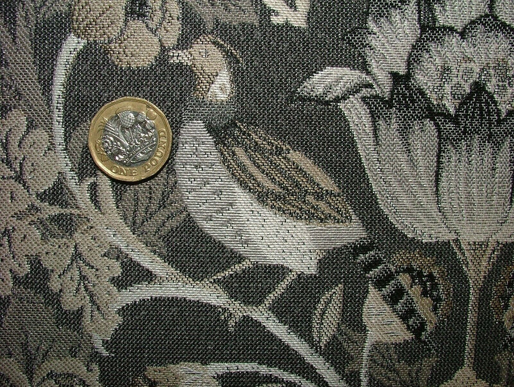 Morris Bird Charcoal Jacquard Fabric Ideal For Curtain Upholstery Cushion Throws