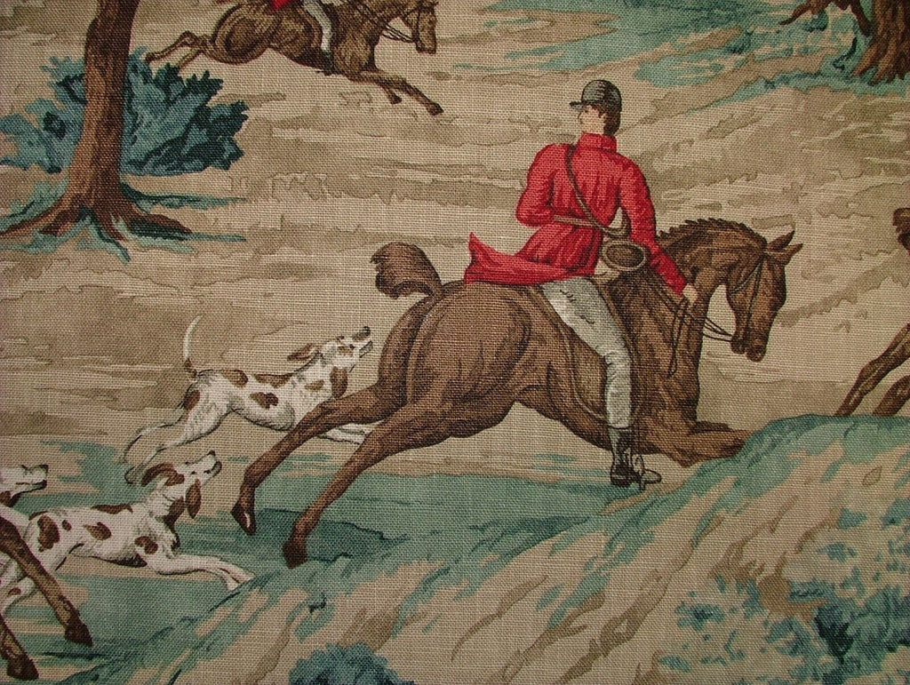 Sanderson Tally Ho Teal Ruby Hunting Horse Linen Fabric Curtain Upholstery Use