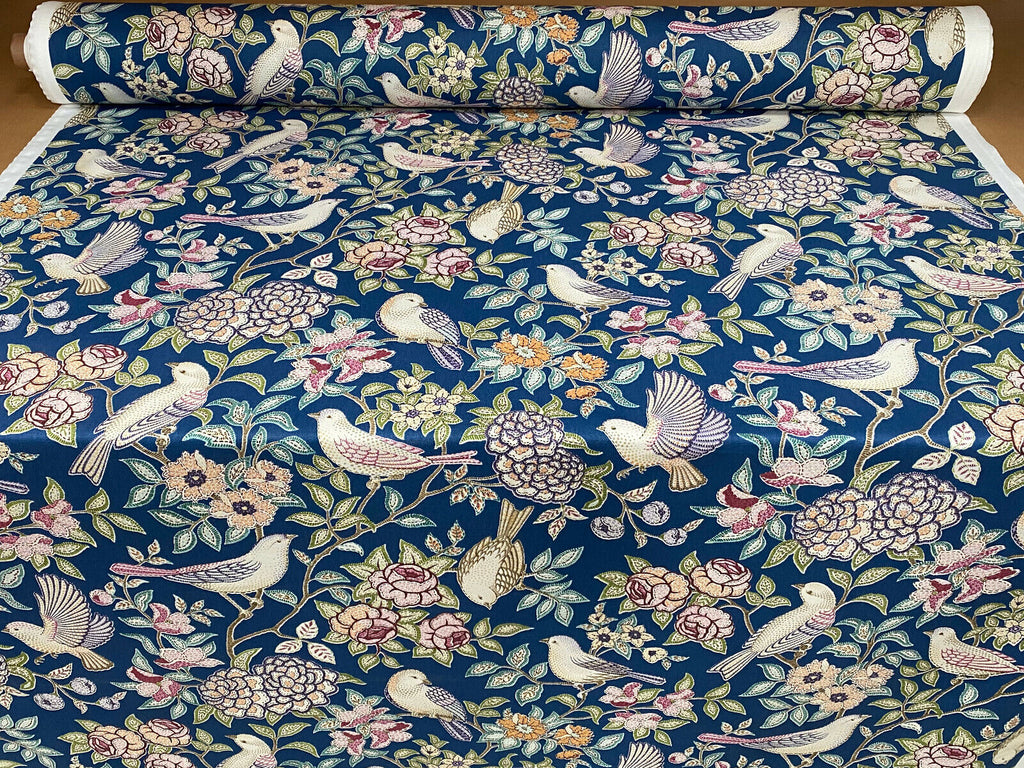 10 Metres Morris Bird Floral Blue Curtain Upholstery Roman Blind Quilting Fabric