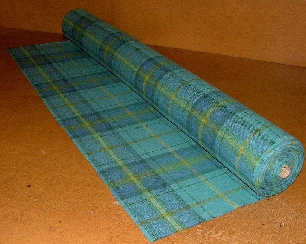 100% Shetland Wool Azure Blue Tartan Check Upholstery Curtain Cushion Fabric