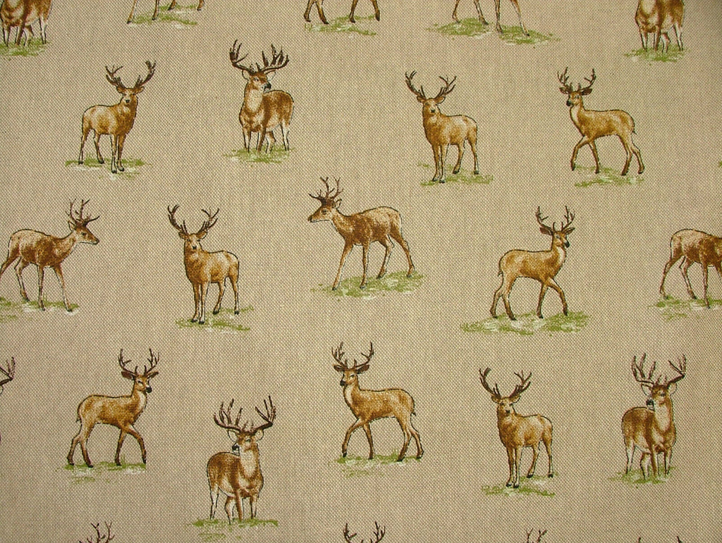 Mini Prints Stags Deer Country Side Animals Linen Look Fabric Curtain Upholstery