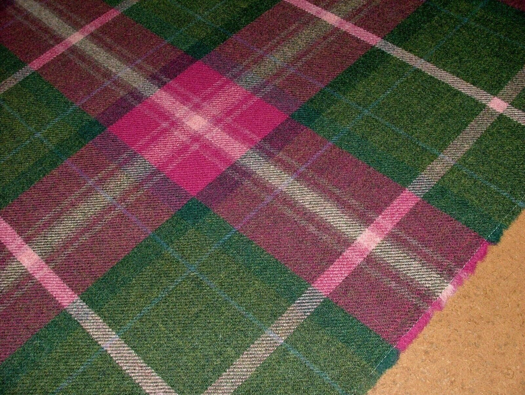 100% Shetland Wool Pink  & Spruce Tartan Check Upholstery Curtain Cushion Fabric