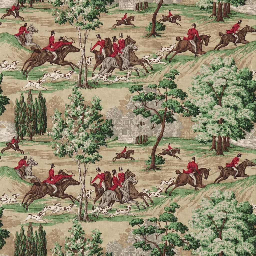 Sanderson Tally Ho Evergreen Crimson Hunting Horse Fabric Curtain Upholstery Use