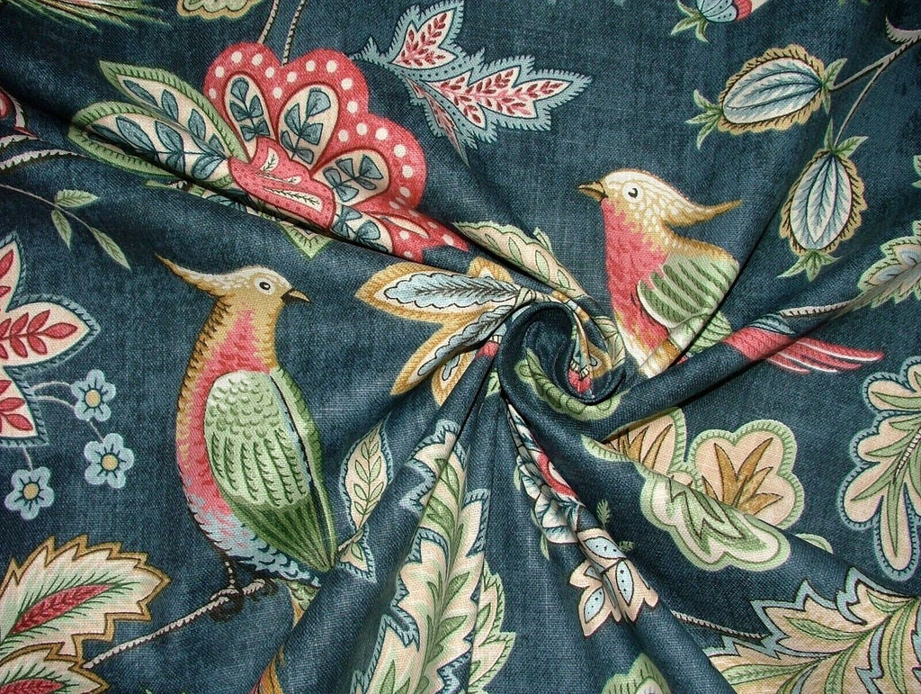 Chanterelle Navy Ornate Bird Floral Cotton Curtain Upholstery Cushion Fabric