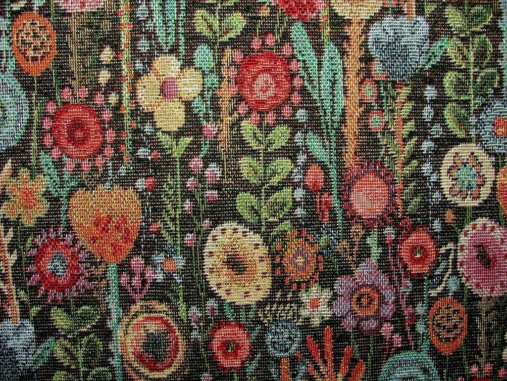 Cottage Garden Floral Black Tapestry Fabric Curtain Upholstery Cushion Throws