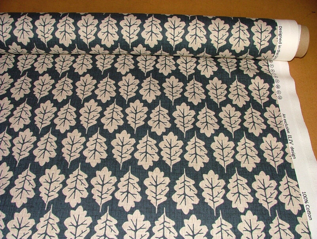 2.8 Metres iLiv Oak Leaf Midnight Blue Cotton Fabric Cushion Curtain Upholstery