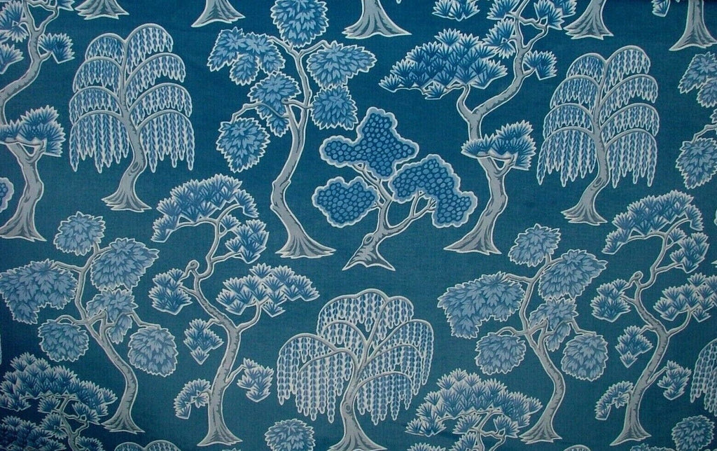 Japanese Japonica Oriental Tree Blue Velvet Fabric Curtain Upholstery Cushion