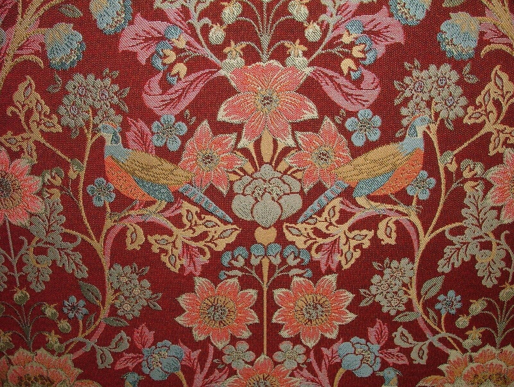 Morris Bird Rosso Jacquard Fabric Ideal For Curtain Upholstery Cushion Throws