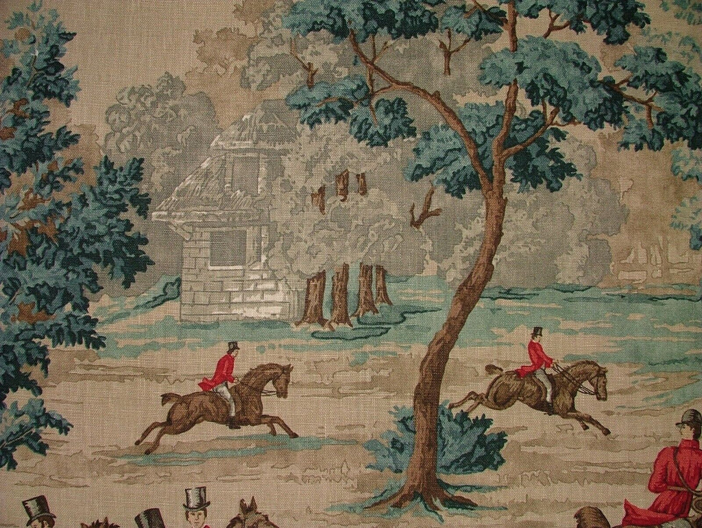 Sanderson Tally Ho Teal Ruby Hunting Horse Linen Fabric Curtain Upholstery Use