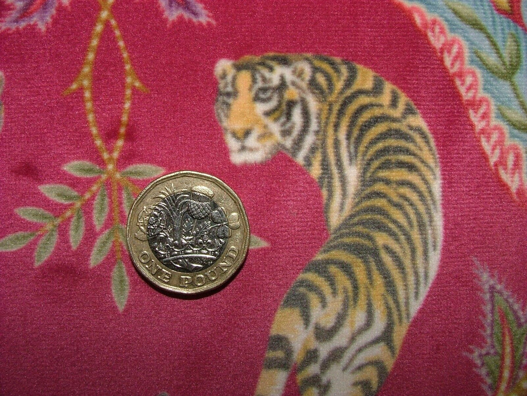 Indian Elephant Tiger Cerise Velvet Fabric Curtain Upholstery Cushion