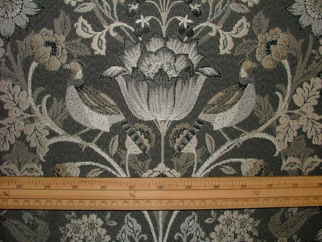 Morris Bird Charcoal Jacquard Fabric Ideal For Curtain Upholstery Cushion Throws