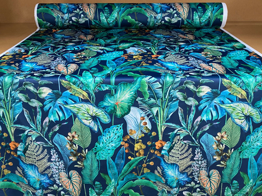 Sapphire Tropical Palm Plants Botanical Velvet Fabric Curtain Upholstery Cushion