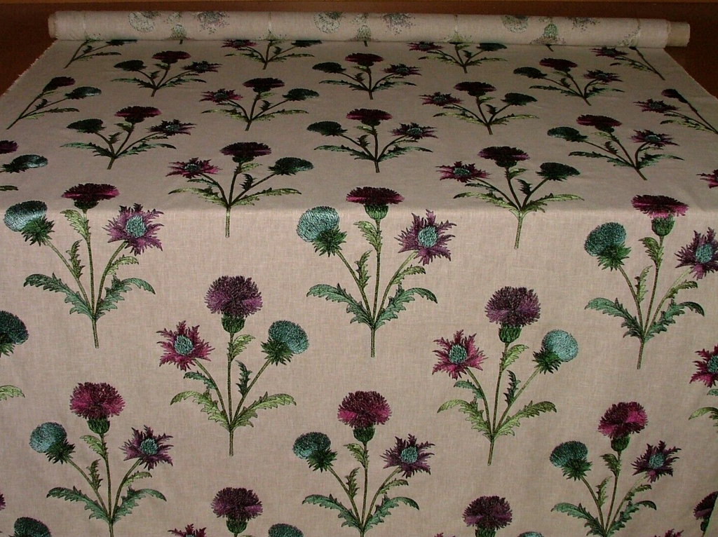 2.5 Metre Embroidered Scottish Thistle Carmine Fabric Curtain Upholstery Cushion