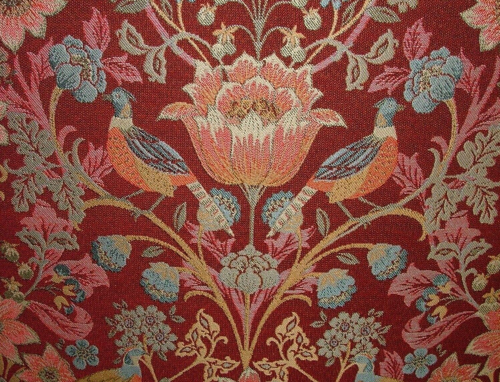 Morris Bird Rosso Jacquard Fabric Ideal For Curtain Upholstery Cushion Throws