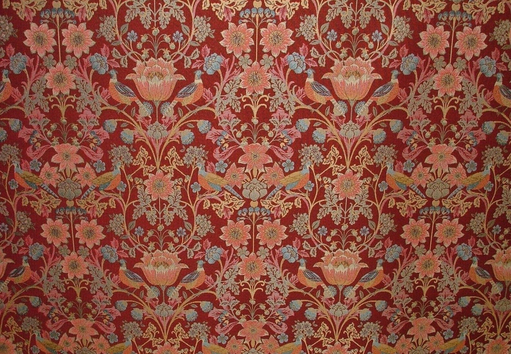 Morris Bird Rosso Jacquard Fabric Ideal For Curtain Upholstery Cushion Throws