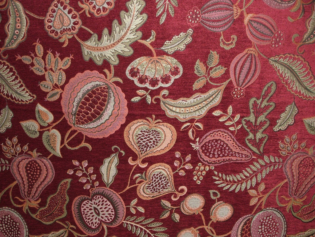 2.8 Metres Summer Fruits Ruby Red Chenille Fabric Curtain Cushion Upholstery