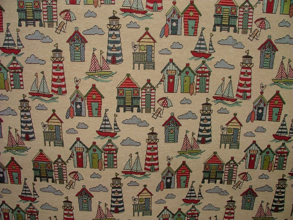 Tapestry Beach Huts Nautical Fabric Curtain Upholstery Cushion Craft Bag Making