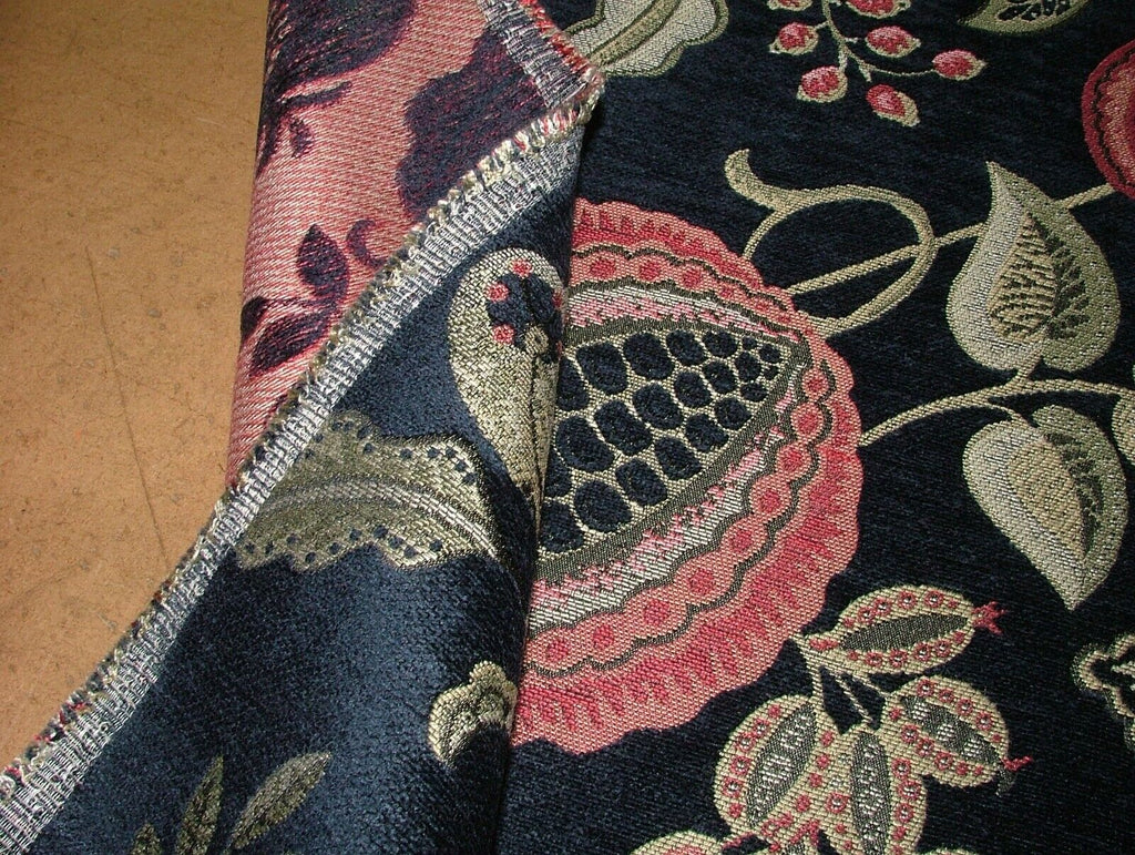 Summer Fruits Indigo Blue Chenille Fabric Curtain Cushion Upholstery Throws