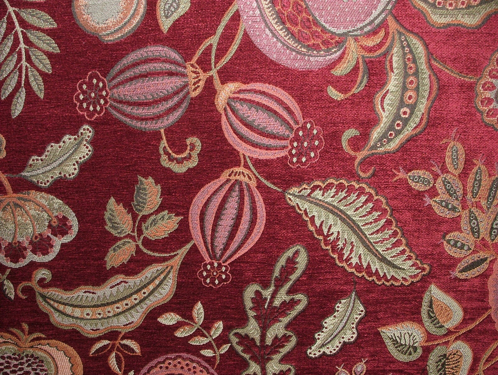 2.8 Metres Summer Fruits Ruby Red Chenille Fabric Curtain Cushion Upholstery