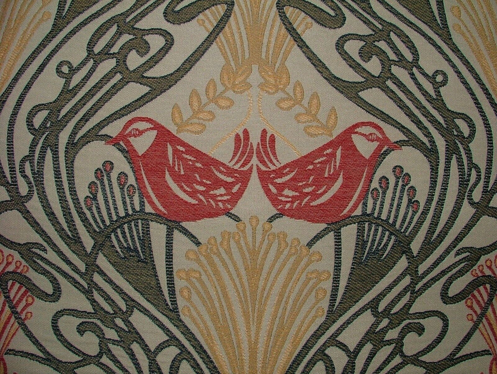 Art Nouveau Bird Red Blue Jacquard Curtain Upholstery Cushion Multi Use Fabric