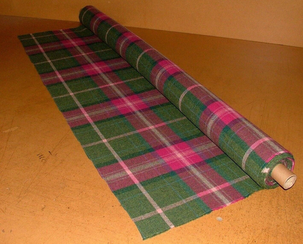 100% Shetland Wool Pink  & Spruce Tartan Check Upholstery Curtain Cushion Fabric