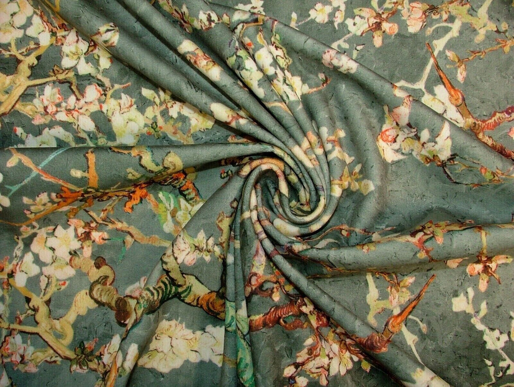 Japanese Cherry Blossom Tree Grey Velvet Fabric Curtain Upholstery Cushion Use