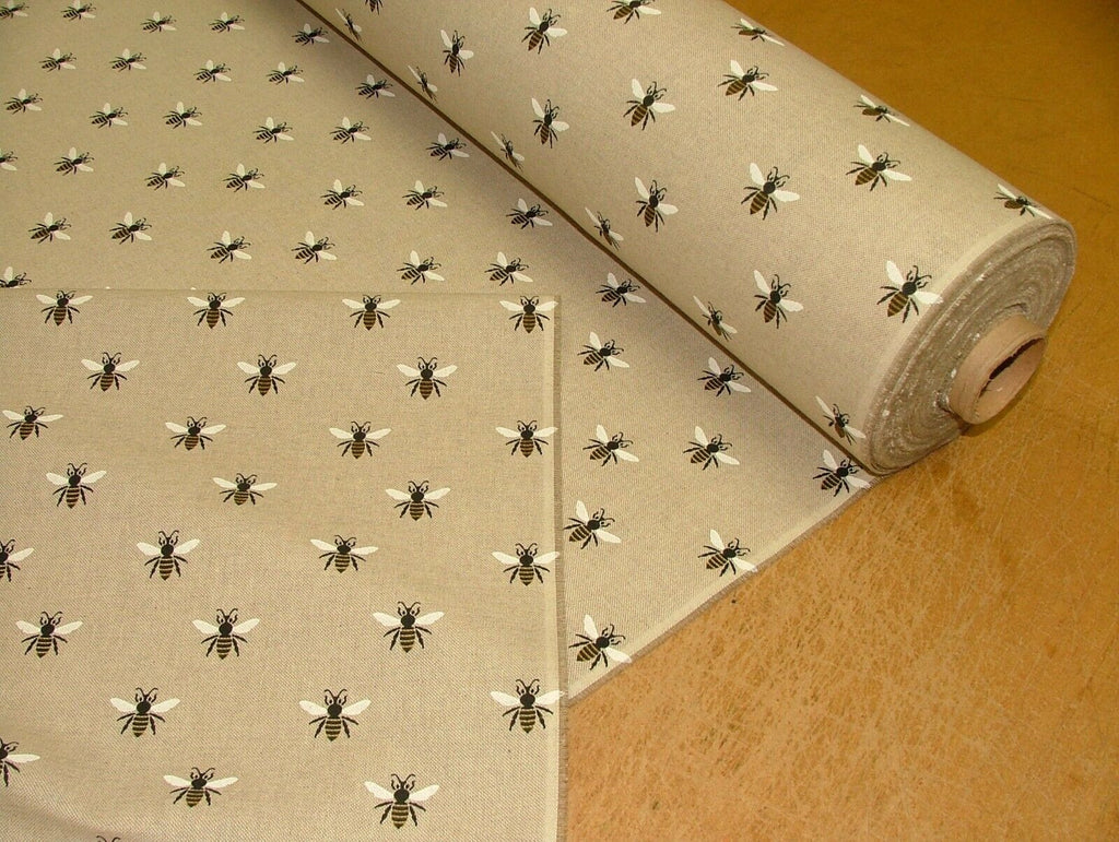 1.4m Honey Bees Linen Look Fabric Curtain Upholstery Cushions Roman Blind Craft1