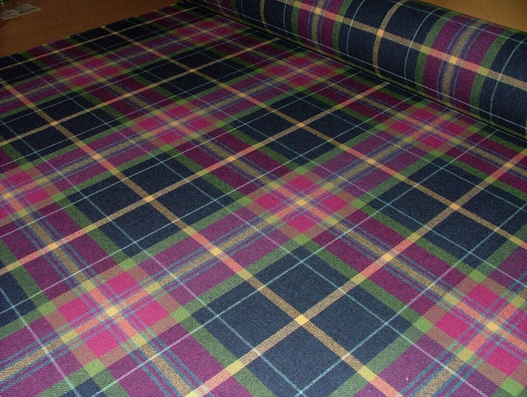 100% Shetland Wool Fuchsia Blue Tartan Check Upholstery Curtain Cushion Fabric