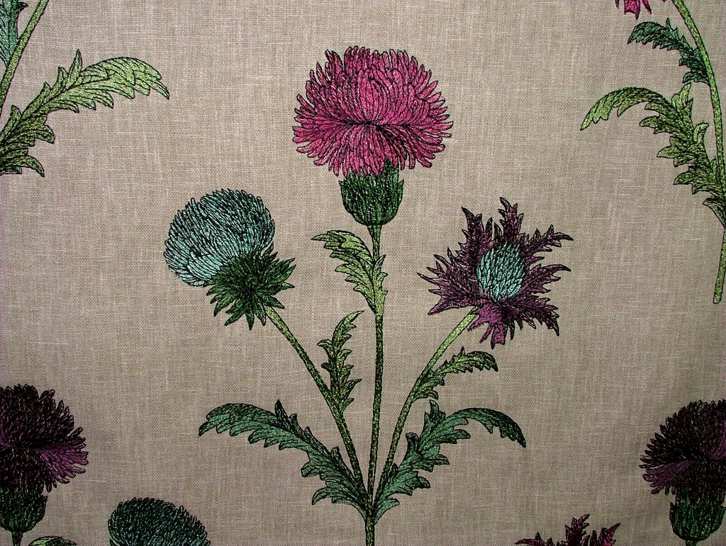 2.5 Metre Embroidered Scottish Thistle Carmine Fabric Curtain Upholstery Cushion