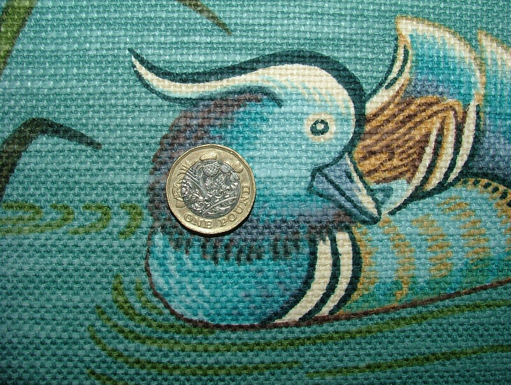 Japanese Water Lily And Birds Blue Linen Blend Curtain Upholstery Cushion Fabric