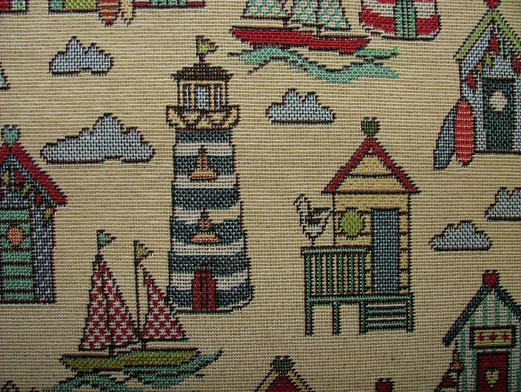 Tapestry Beach Huts Nautical Fabric Curtain Upholstery Cushion Craft Bag Making