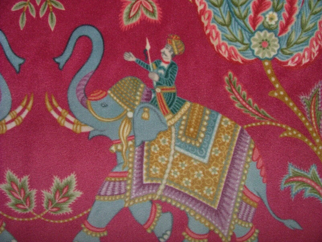 Indian Elephant Tiger Cerise Velvet Fabric Curtain Upholstery Cushion