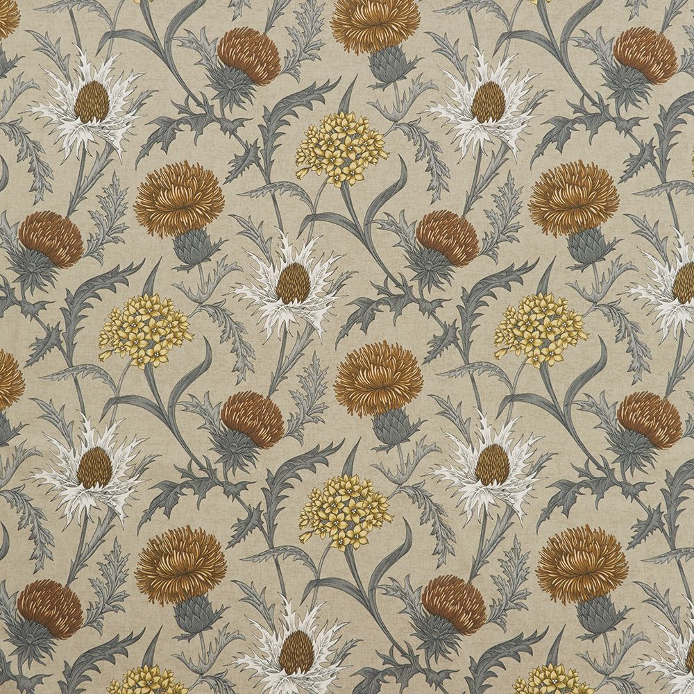 Scottish Thistle Ochre Cotton Curtain Upholstery Cushion Roman Blind Fabric