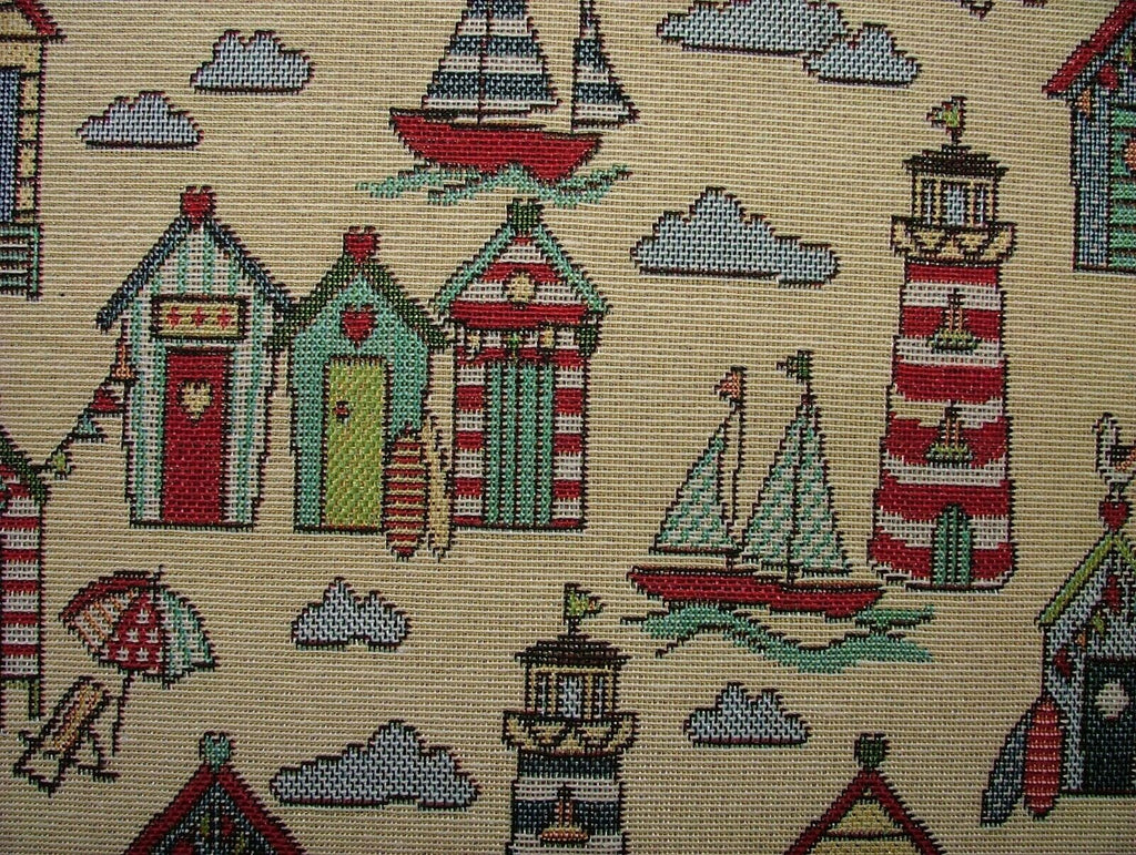 Tapestry Beach Huts Nautical Fabric Curtain Upholstery Cushion Craft Bag Making