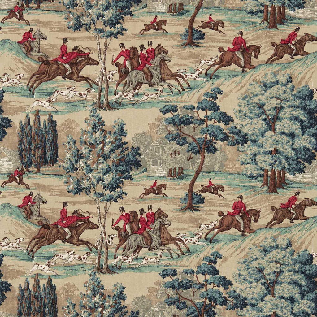 Sanderson Tally Ho Teal Ruby Hunting Horse Linen Fabric Curtain Upholstery Use