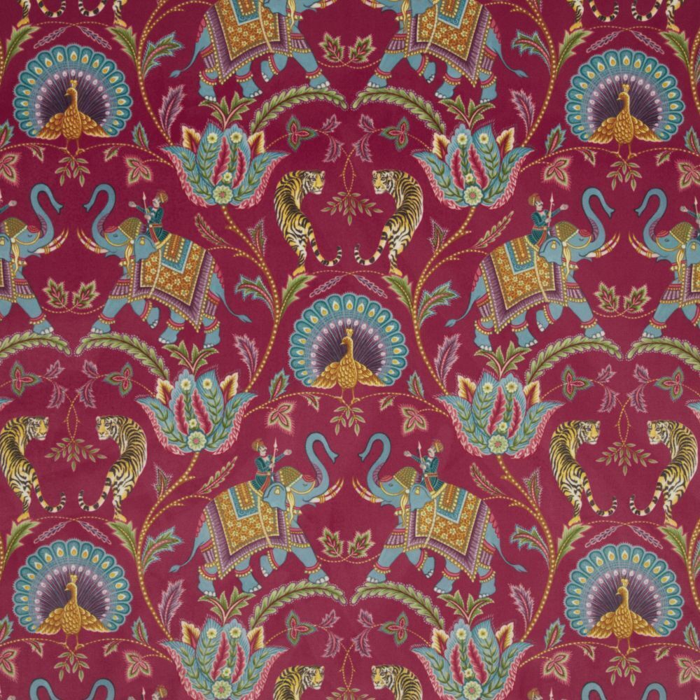 Indian Elephant Tiger Cerise Velvet Fabric Curtain Upholstery Cushion