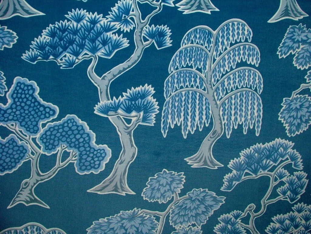 Japanese Japonica Oriental Tree Blue Velvet Fabric Curtain Upholstery Cushion